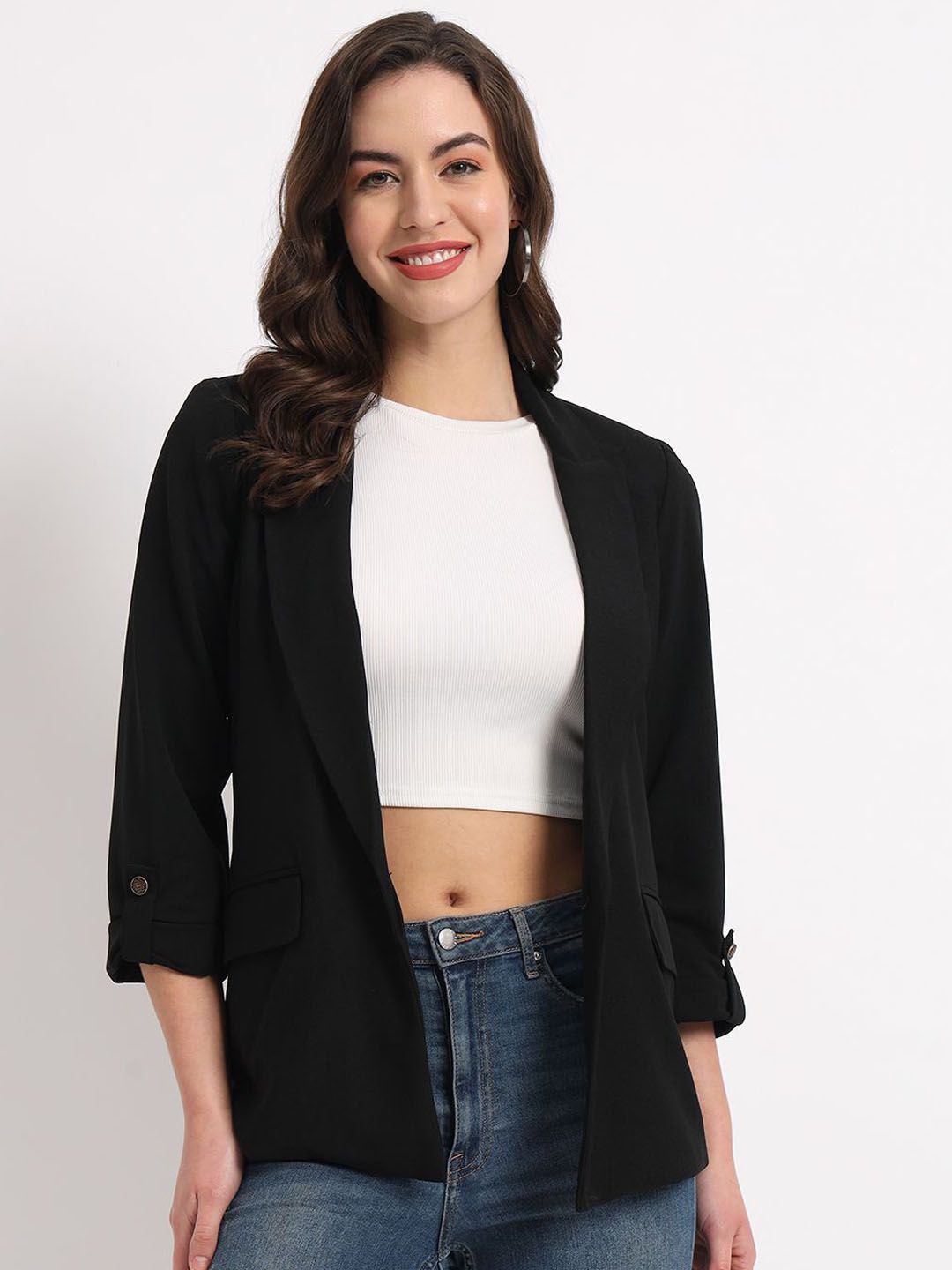 Zastraa Women Black Regular-Fit Front Open Coat