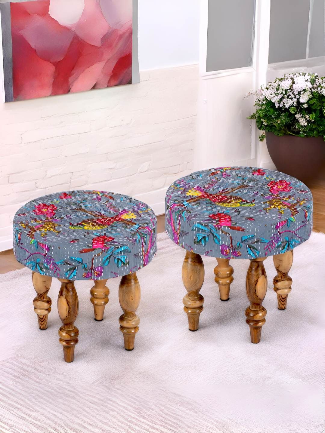 Ikiriya 2-Pcs Grey & Brown Round Wooden Stool with Printed Kantha Upholstery-picture-10