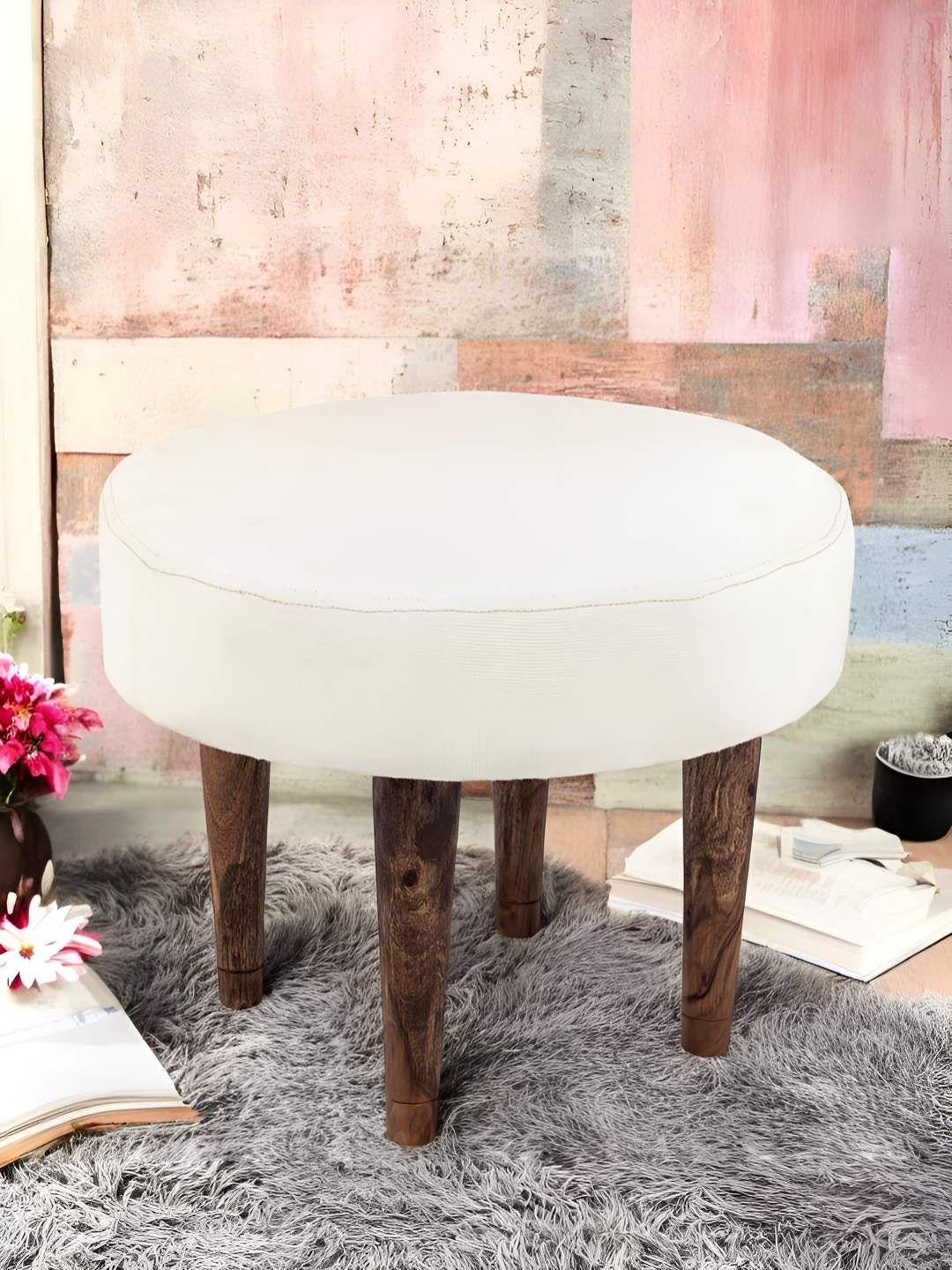 Ikiriya Off White & Brown Wooden Round Stool with Jute Upholstery-picture-51