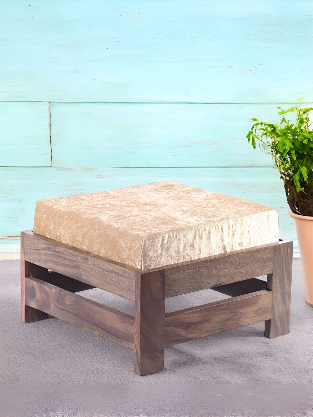 Ikiriya Beige & Brown Wooden Stool with Velvet Cushion-picture-43
