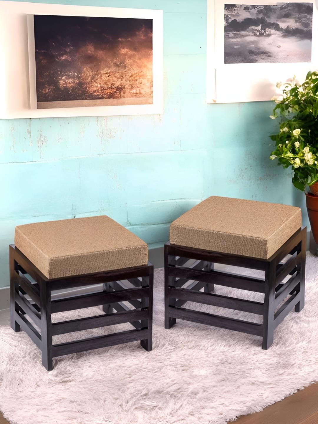 Ikiriya 2- Pcs Beige & Brown Square Wooden Stool with Jute Cushion-picture-22