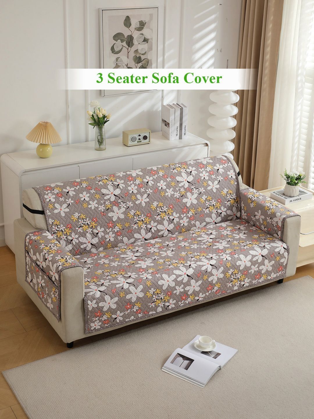HOKIPO Brown & White Printed Polyester 1 Piece Sofa Cover With Arms-picture-53