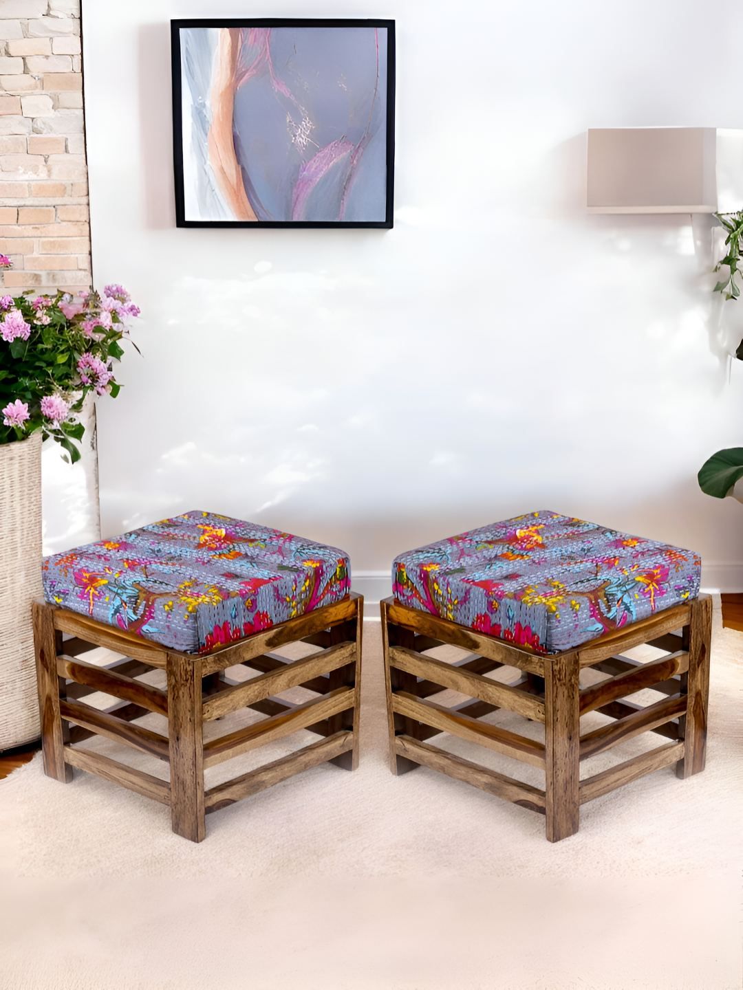 Ikiriya 2-Pcs Grey & Brown PrintedWooden Stools-picture-18