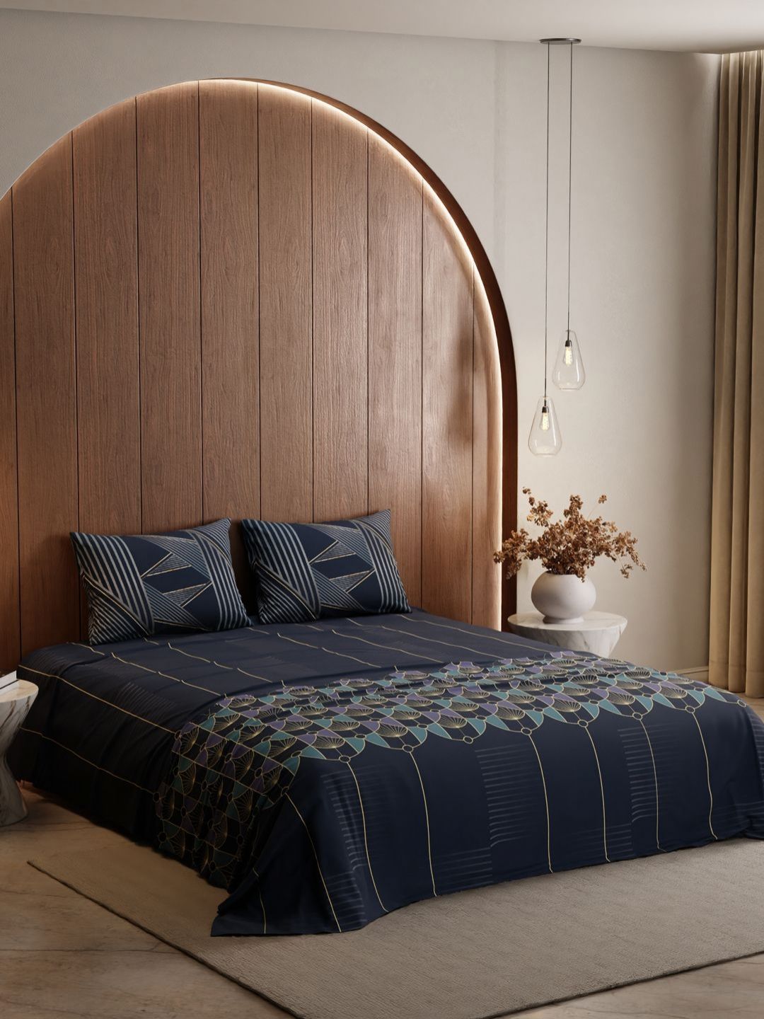 Stoa Paris Lumiere 240 TC Navy Satin Blue King Bedsheet with 2 Pillow Covers-image-31