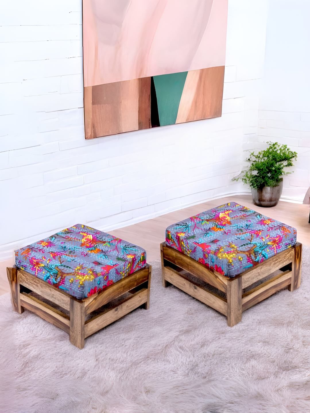 Ikiriya 2-Pcs Grey & Brown PrintedWooden Stools-picture-17