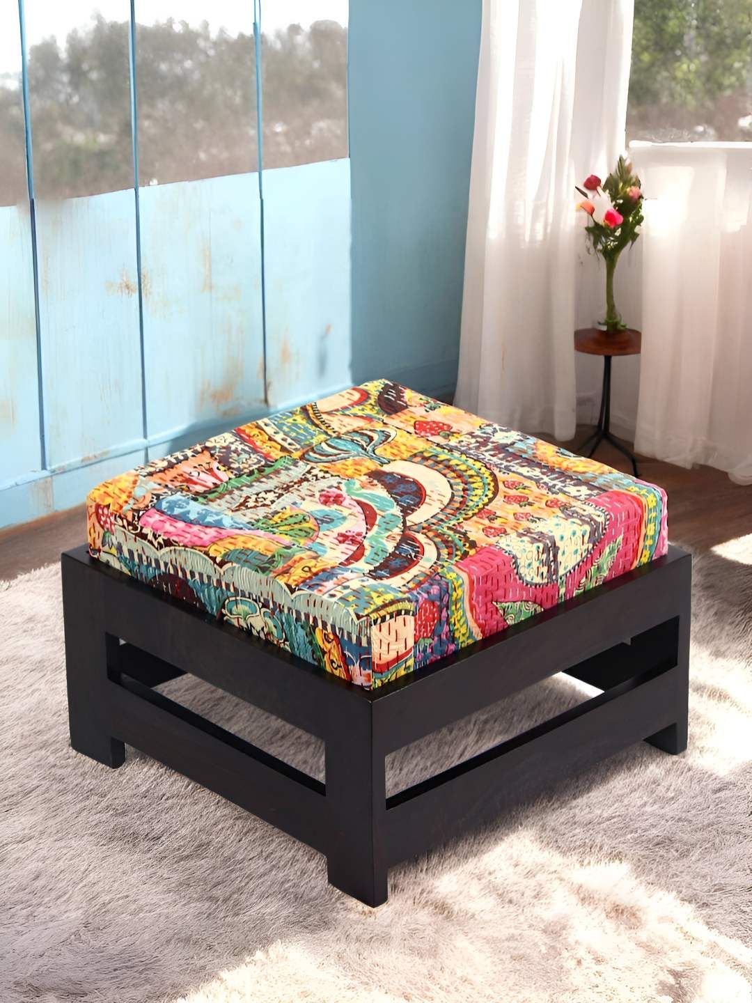 Ikiriya Off-White & Brown Square Wooden Stool with Kantha Cushion