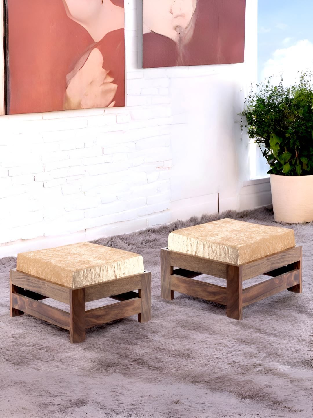 Ikiriya 2-Pcs Beige& Brown Sparkling Wooden Stools-picture-39