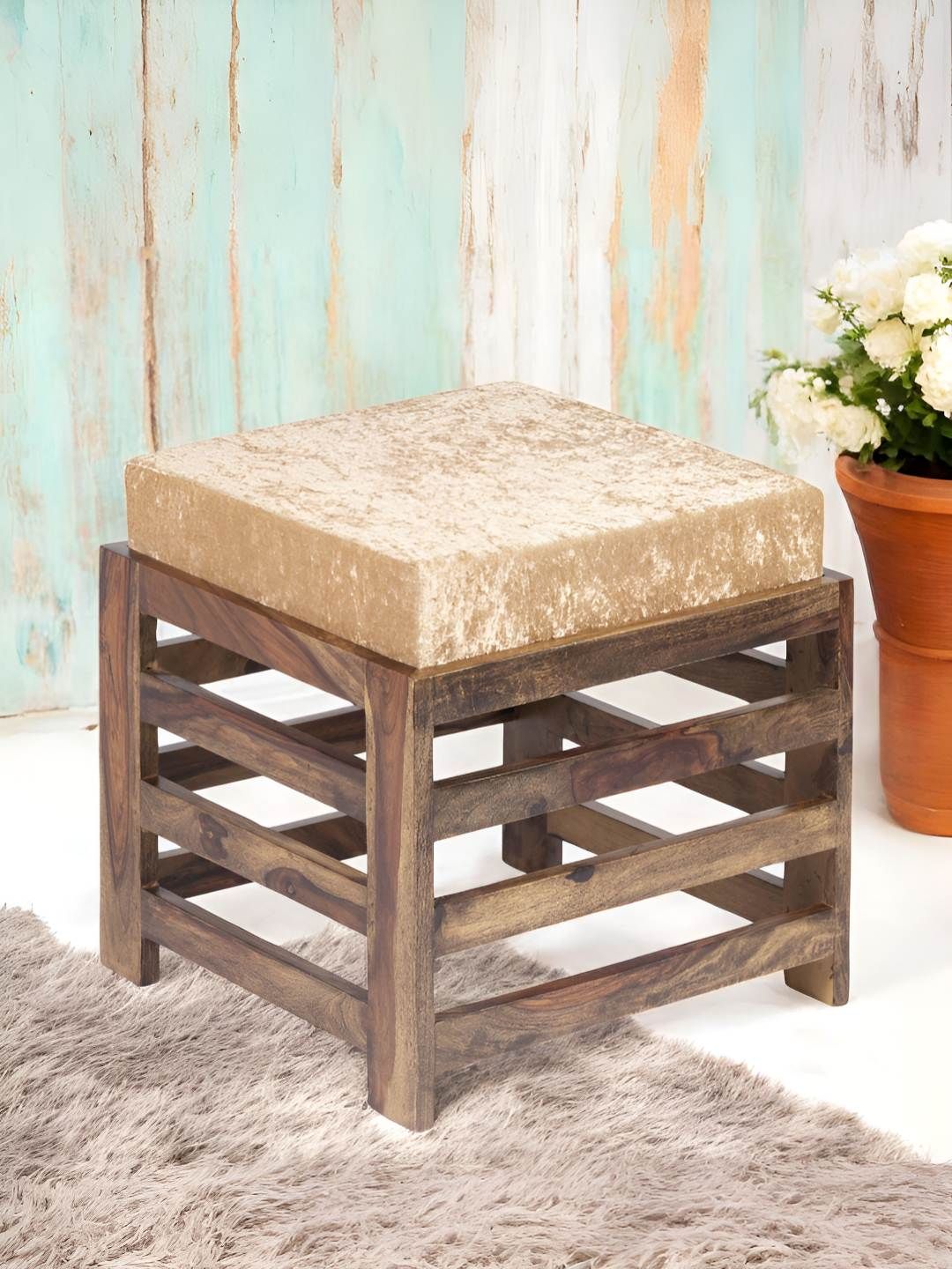 Ikiriya Beige Square Wooden Stool with Cushion-picture-33