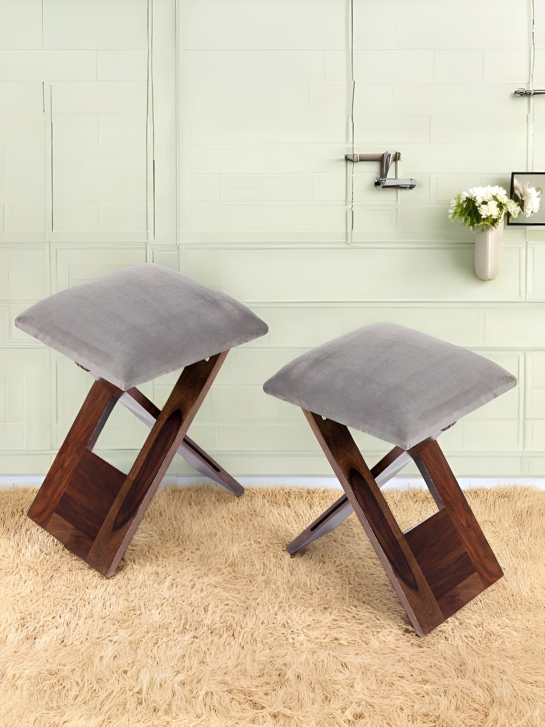 Ikiriya 2-Pcs Grey & Brown Wooden Foldable Stools with Upholstery-picture-19