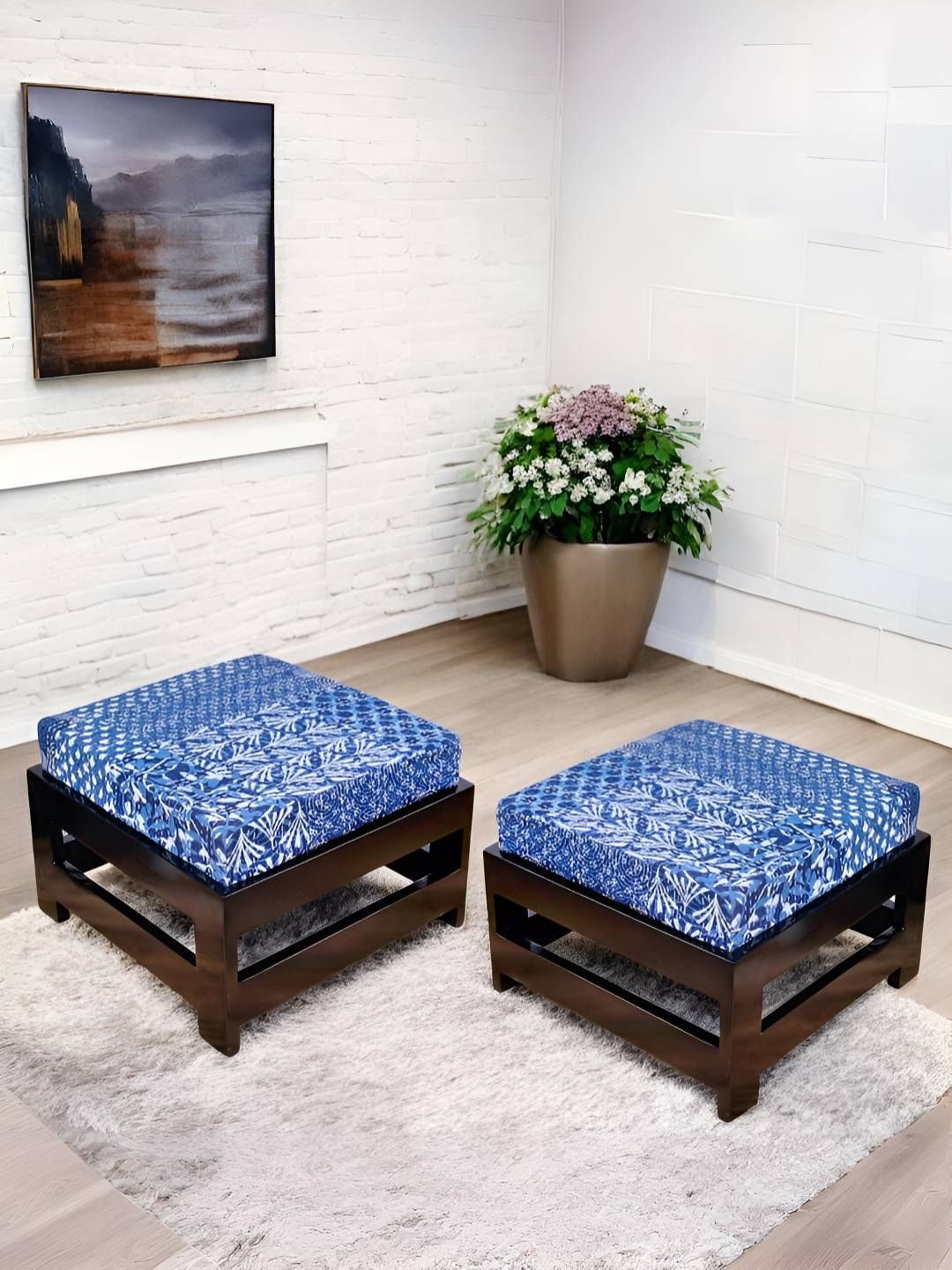 Ikiriya 2-Pcs Blue & Brown PrintedWooden Stools-picture-17