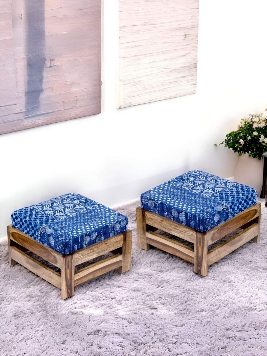 Ikiriya 2Pcs Blue & Brown Printed Wooden Stool-picture-25