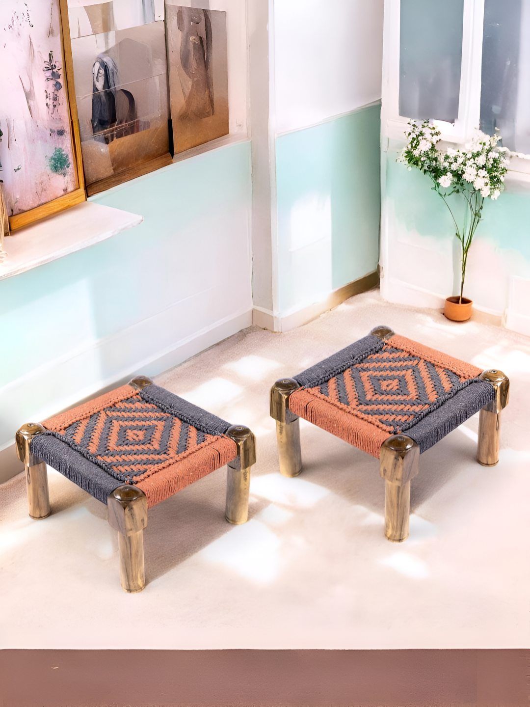 Ikiriya 2-Pcs Grey & Brown Wooden Square Stools-picture-20