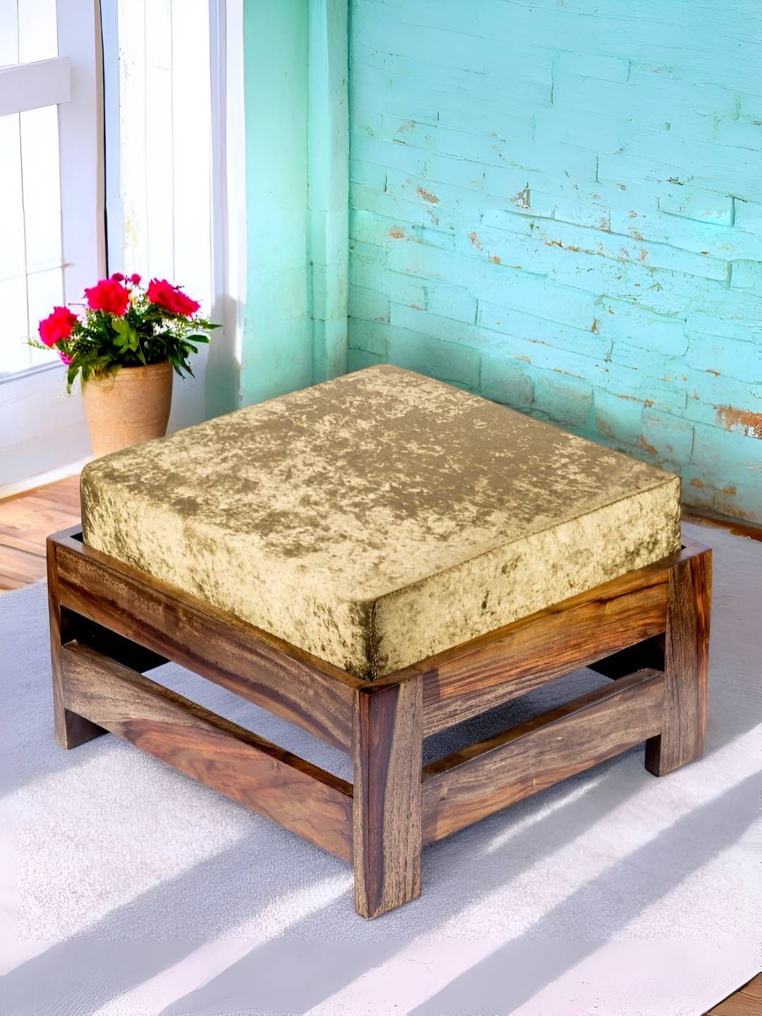 Ikiriya Green & Brown Square Wooden Stool with Sparkle Velvet Cushion-picture-42