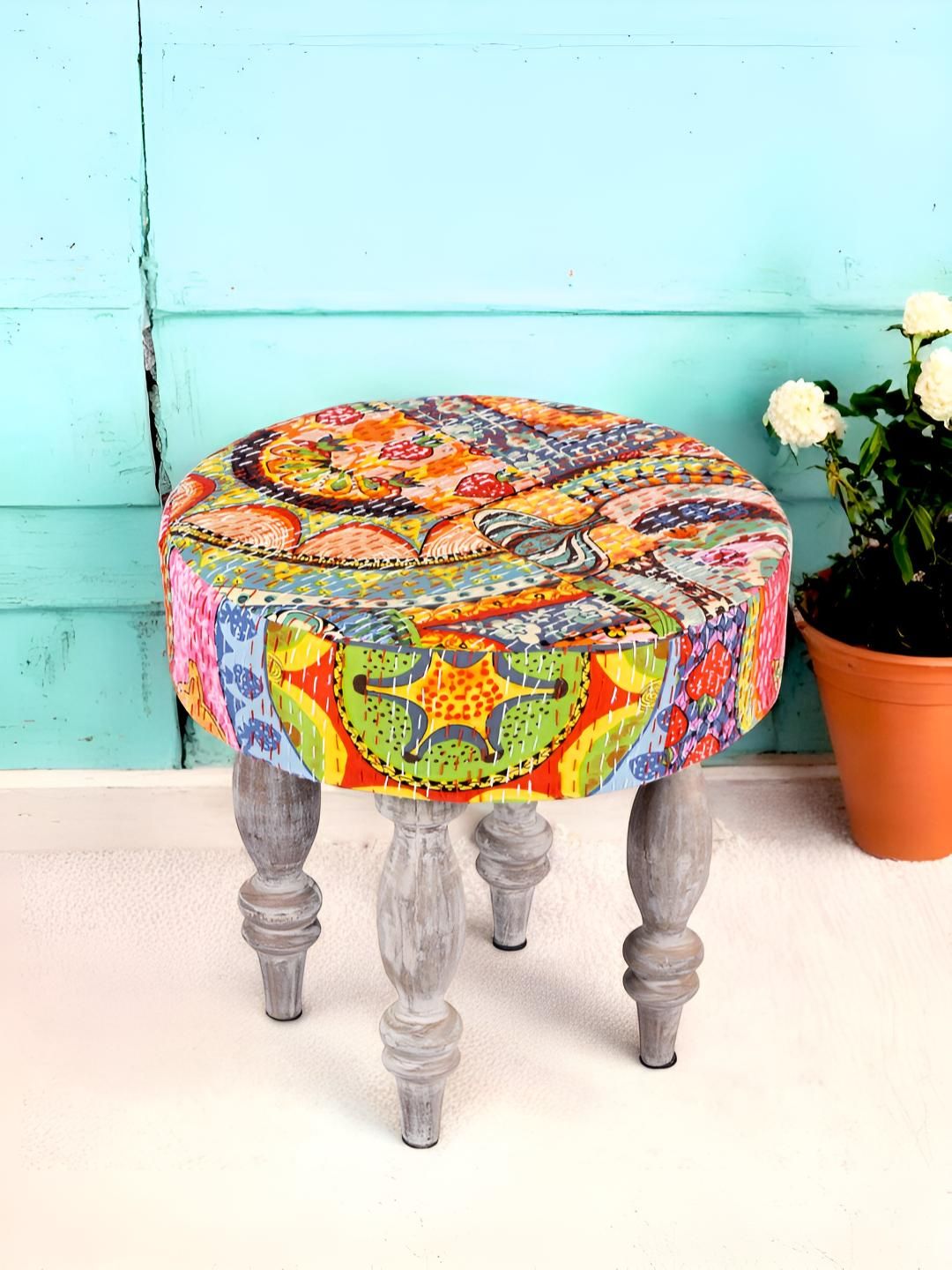 Ikiriya Orange-Colored & Grey Wooden Round Stool with Kantha Upholstery-picture-14