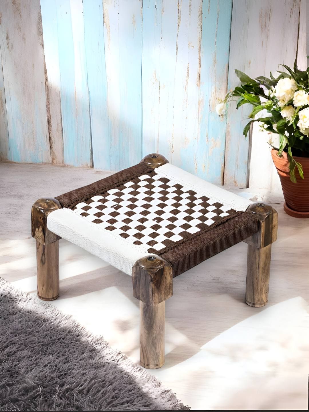 Ikiriya Brown & White Wooden Square Stool with Rope Canning