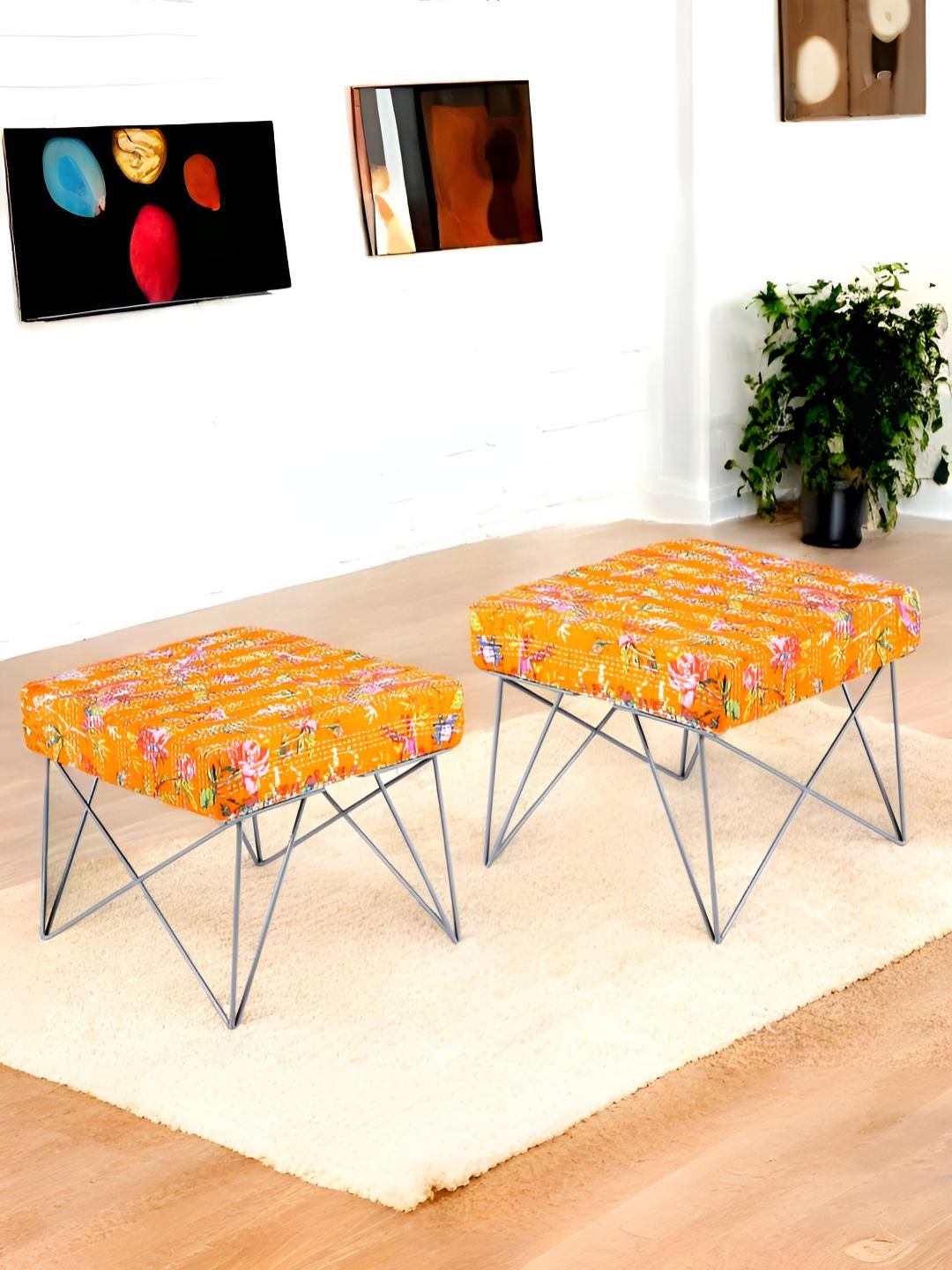 Ikiriya 2-Pcs Orange-Colored Wooden Stools with Metal Legs & Kantha Fabric Cushions-picture-30