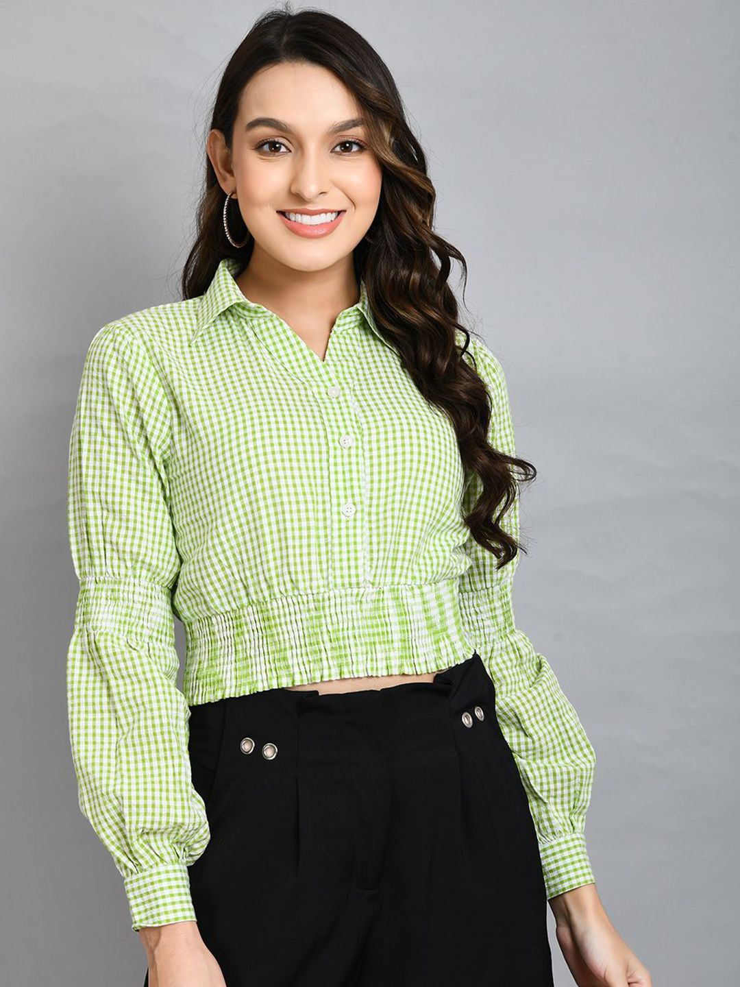 all about you Checked Cotton Shirt Style Crop Top-image-48