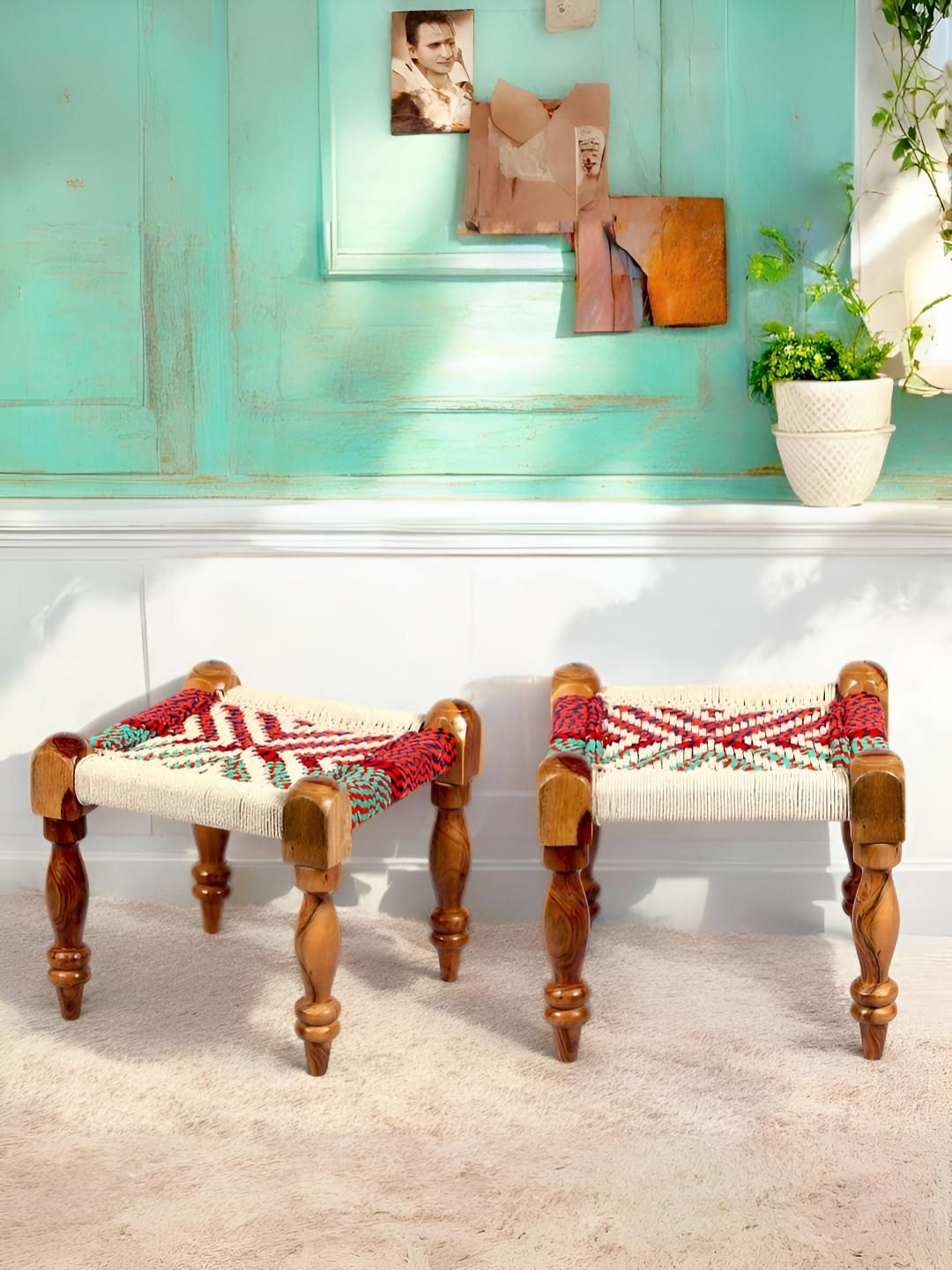 Ikiriya Set of 2 Sheesham Wood Vintage Maachi Stools with Rope Canning