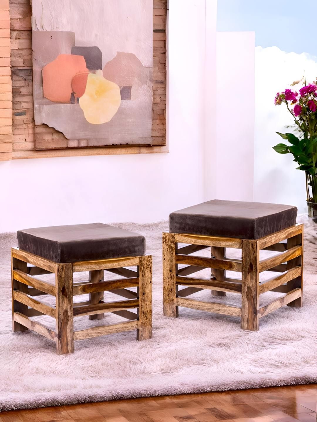 Ikiriya 2-Pcs Brown Wooden Stool with Velvet Cushions-picture-48