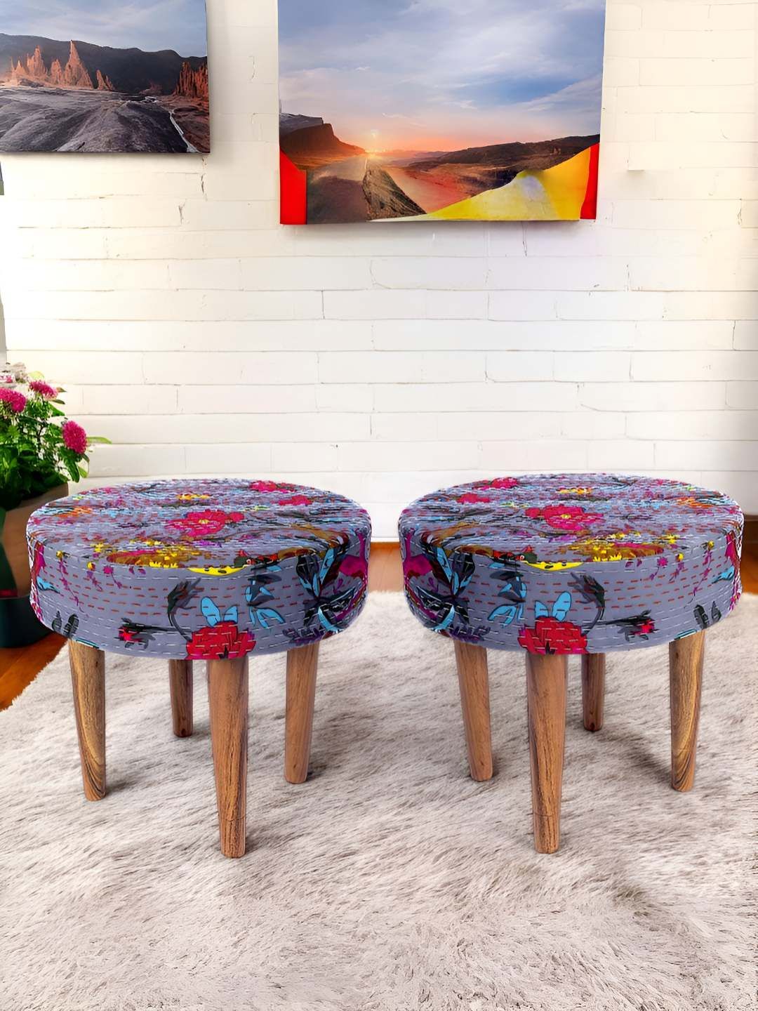 Ikiriya 2-Pcs Grey & Pink Round Wooden Stool with Printed Kantha Upholstery-picture-11