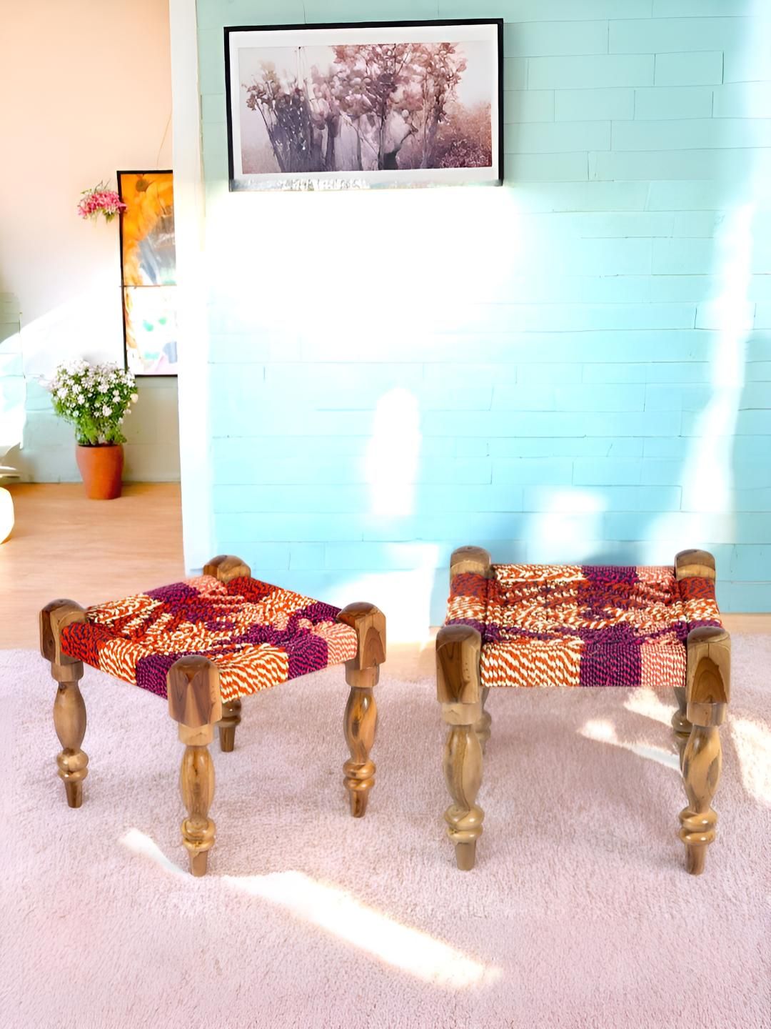 Ikiriya Red & Purple Wooden Square Stool with Rope Canning-picture-50