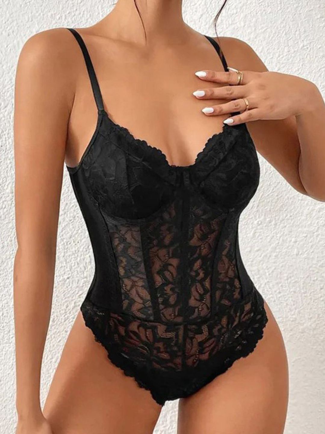 Xivir Self Design Lace Semi-Sheer Bodysuit