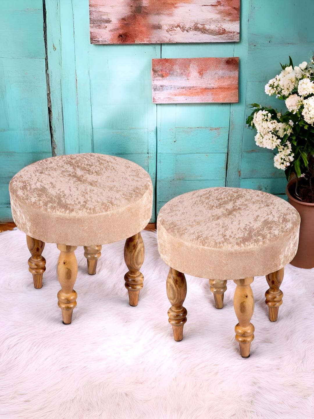 Ikiriya 2-Pcs Beige & Brown Round Wooden Stools with Velvet Upholstery-picture-11