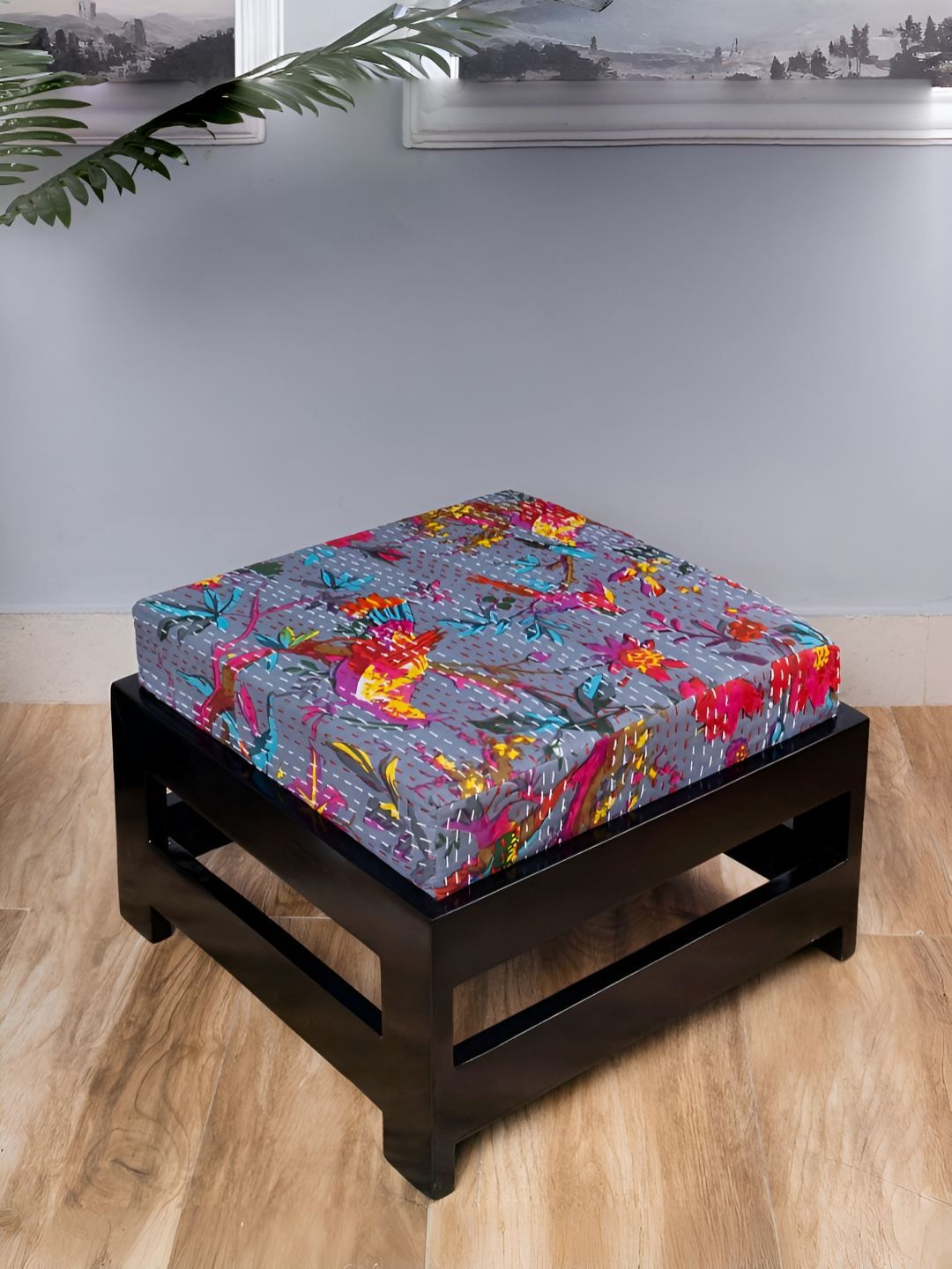 Ikiriya Grey & Brown Square Wooden Stool with Printed Kantha Cushion-picture-16