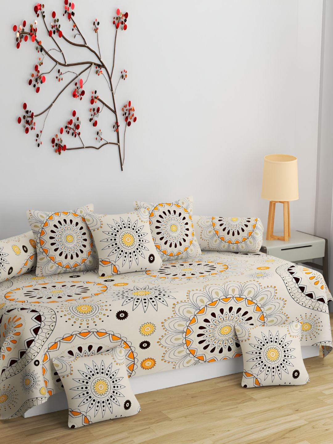 Bromwick 8-Pcs Cream Colored & Brown Printed Diwan Set