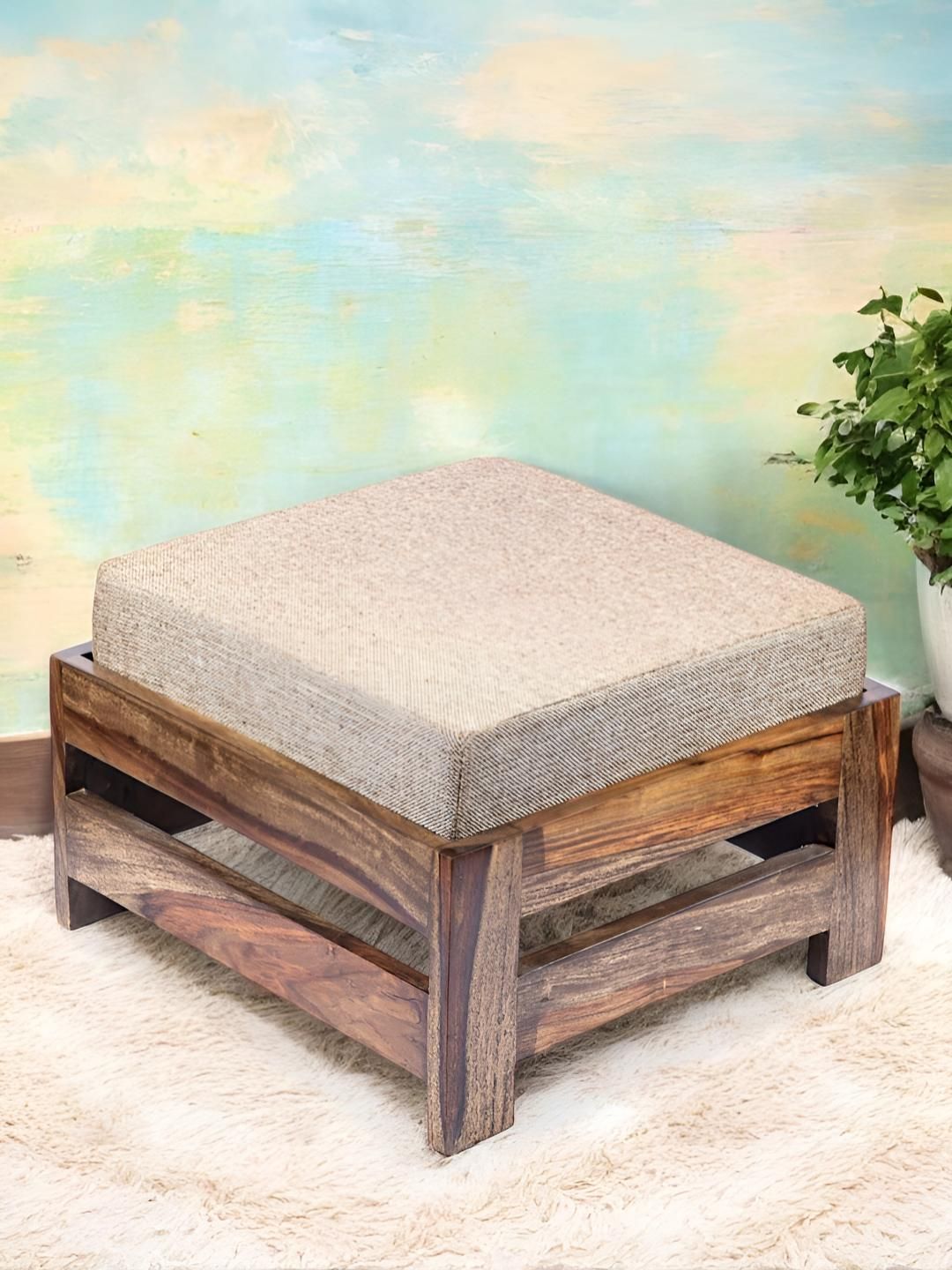 Ikiriya Beige & Brown Textured Wooden Stool