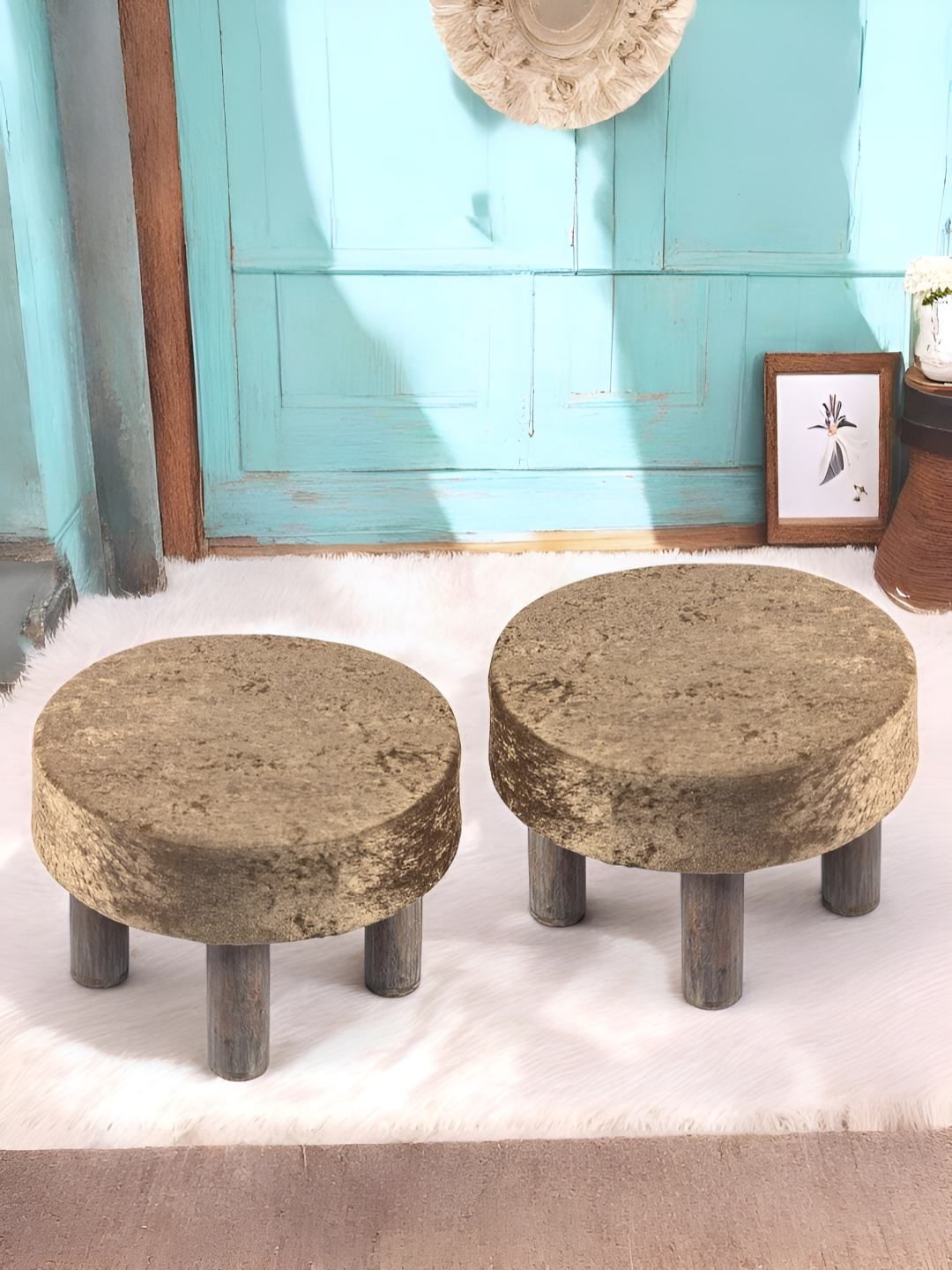 Ikiriya 2Pcs Green & Brown Wooden & Velvet Stool-picture-36