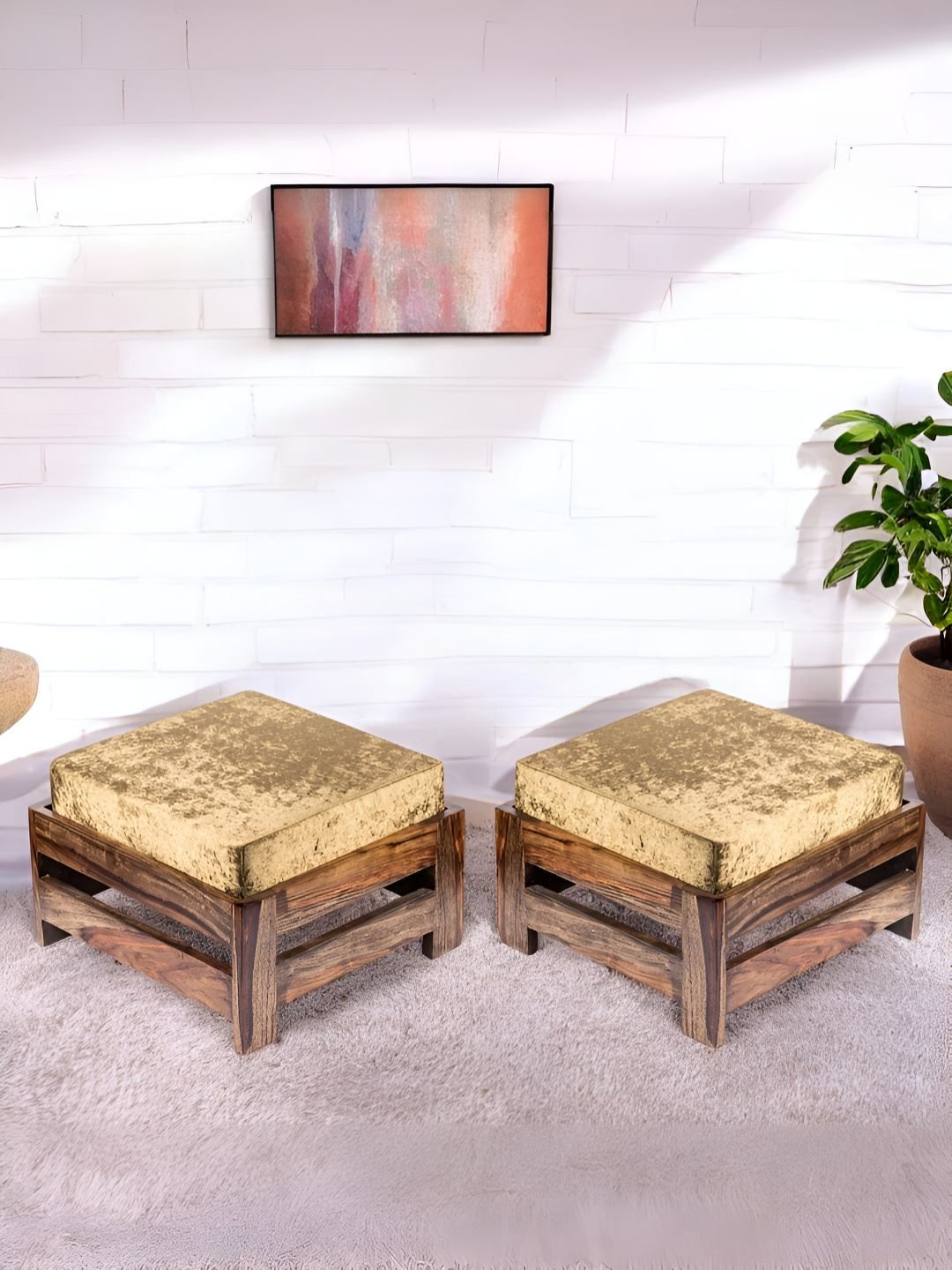 Ikiriya 2-Pcs Green & Brown Wooden Foot Stool with Sparkle Velvet Cushion-picture-10