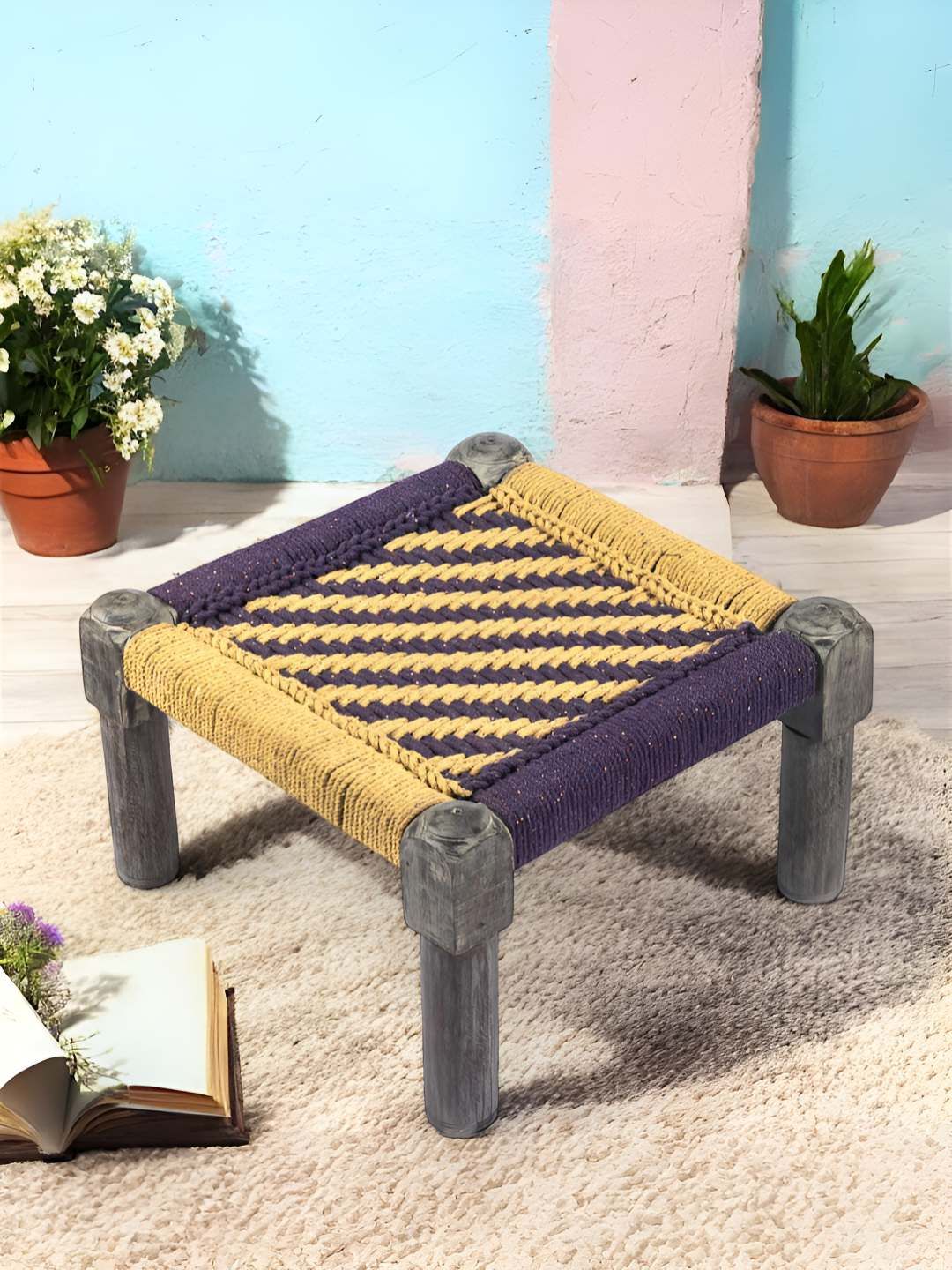 Ikiriya Yellow & Purple Textured Wooden Stool-picture-34
