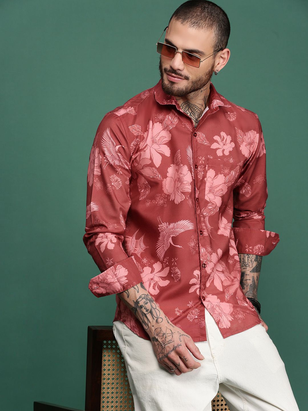 Sangria Floral Printed Spread Collar Long Sleeve Shirt-picture-28