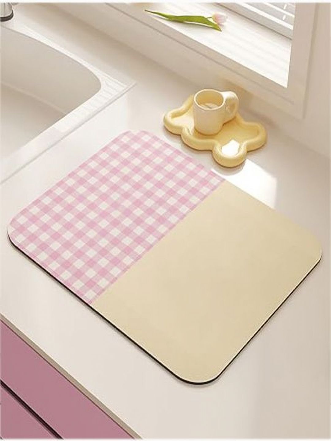 HOUSE OF QUIRK Beige & Pink Printed Kitchen Dish Drying Mat-image-25