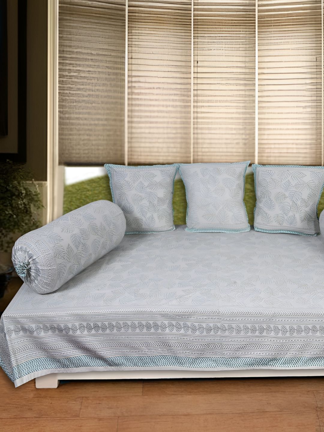 INDHOME LIFE 6-Pcs Grey & Teal-Blue Printed Cotton Diwan Set-image-13