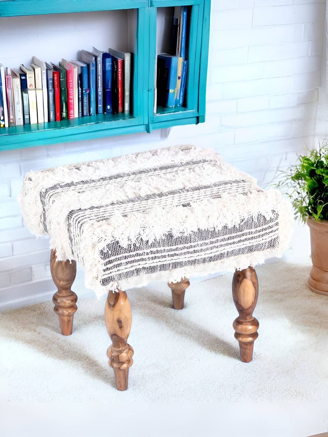 Ikiriya Grey Wooden Square Stool with Cotton Fringed Upholstery-picture-26
