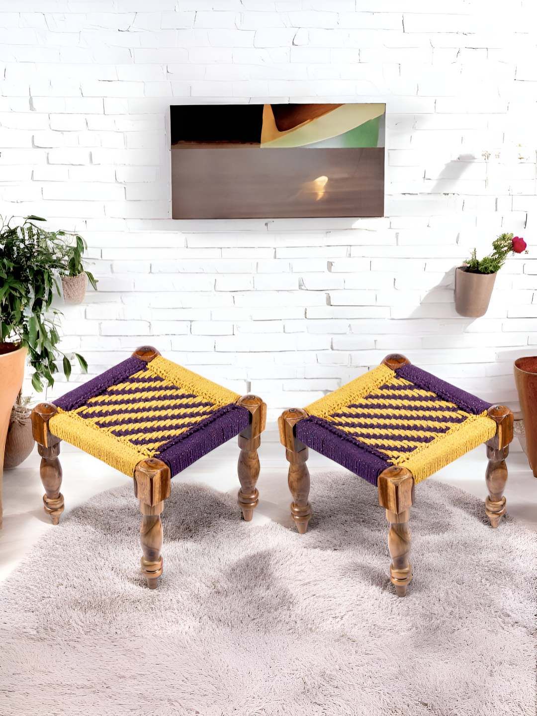 Ikiriya 2-Pcs Yellow & Purple Square Wooden Stool with Rope Canning-picture-13