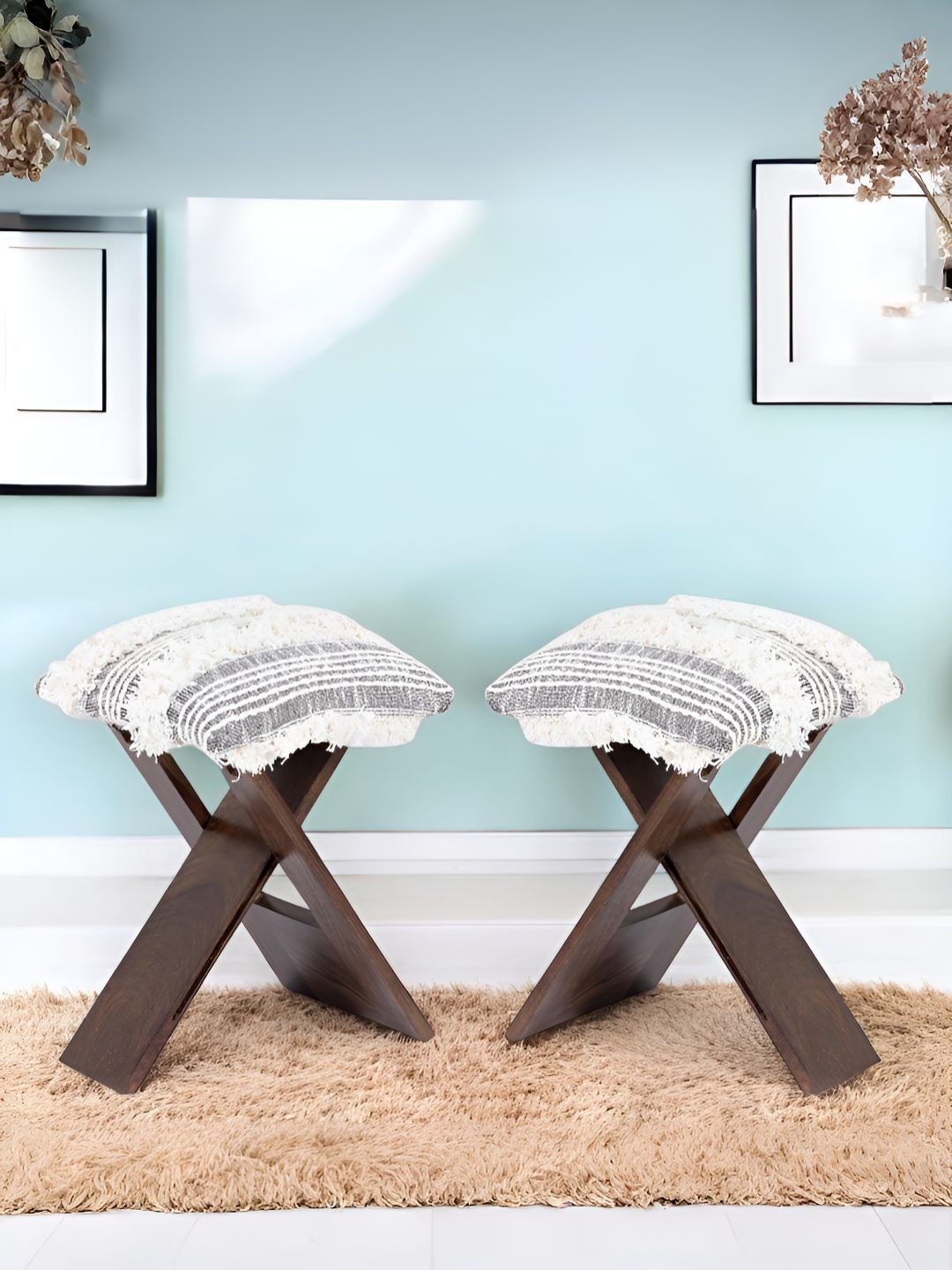 Ikiriya 2-Pcs Grey Wooden Foldable Stools with Fur Fringed Cotton Upholstery-picture-21