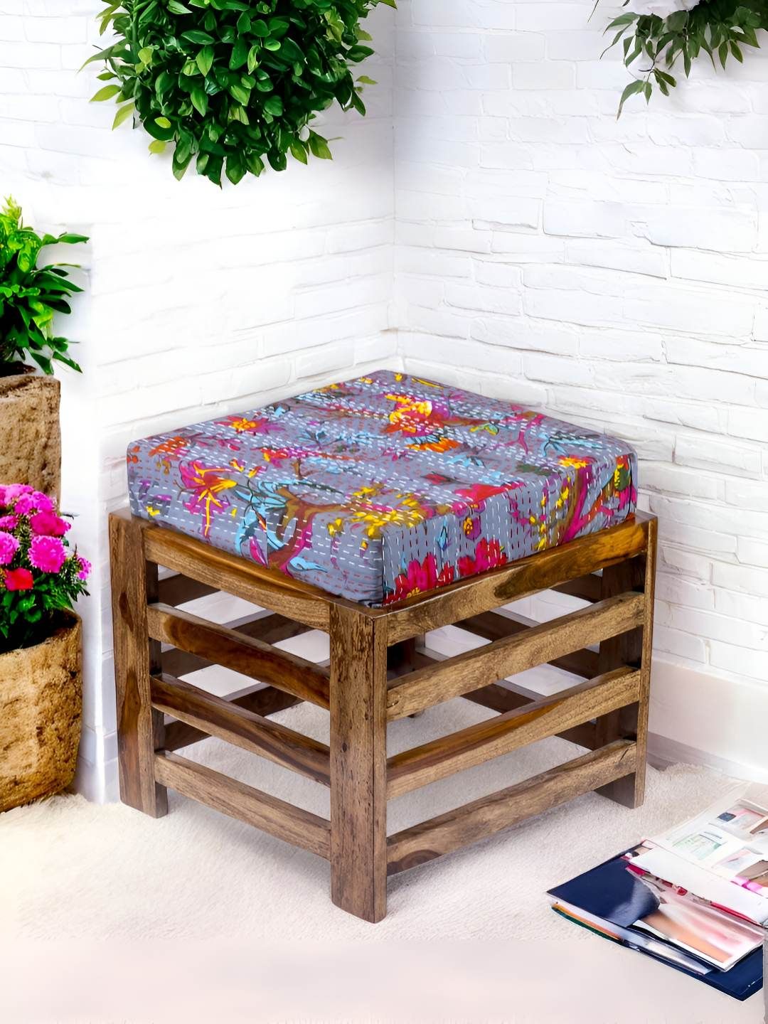 Ikiriya Grey & Pink Square Wooden Stool with Printed Kantha Cushion-picture-52