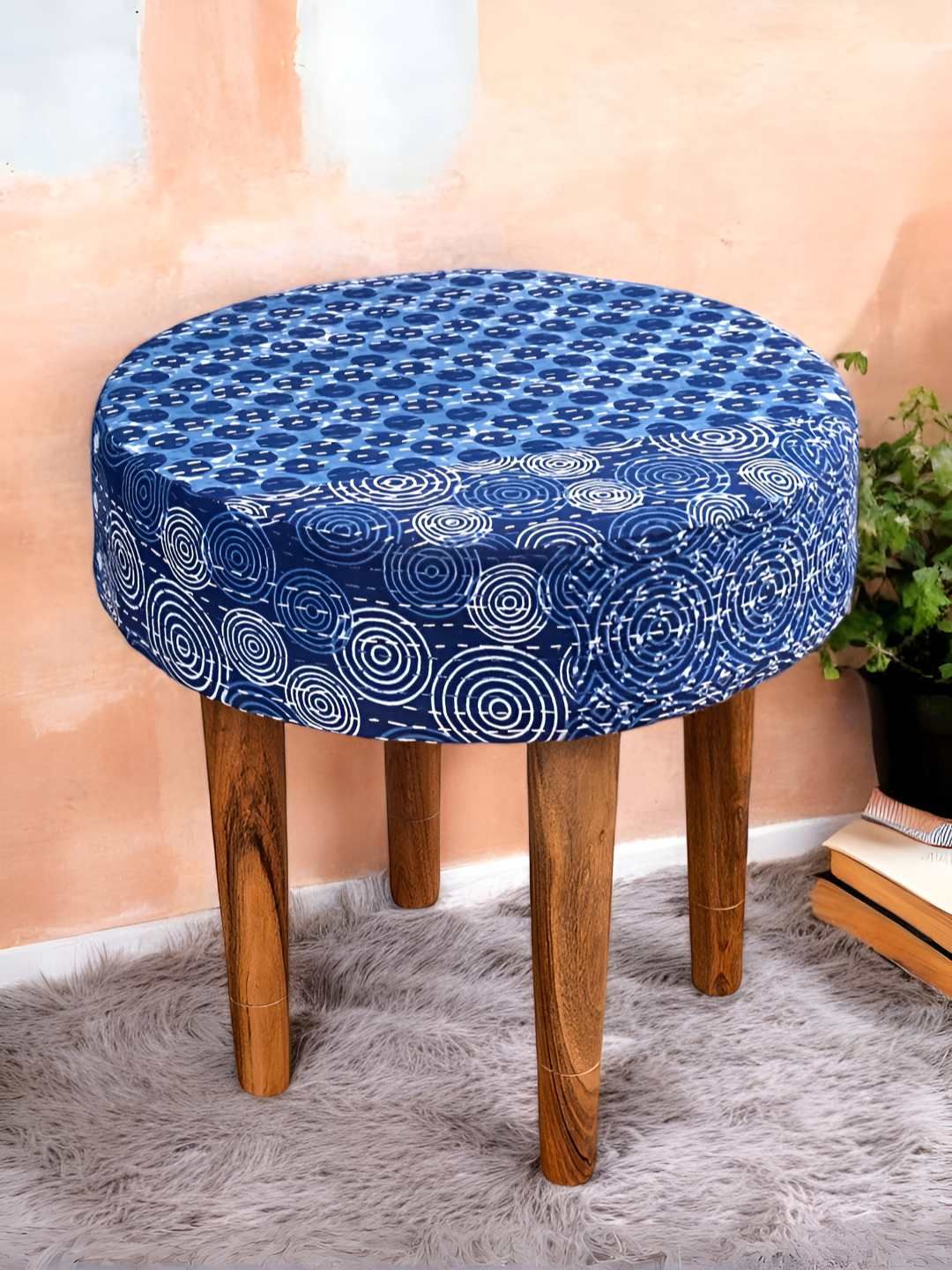 Ikiriya Blue Round Wooden Stool with Printed Kantha Upholstery-picture-23