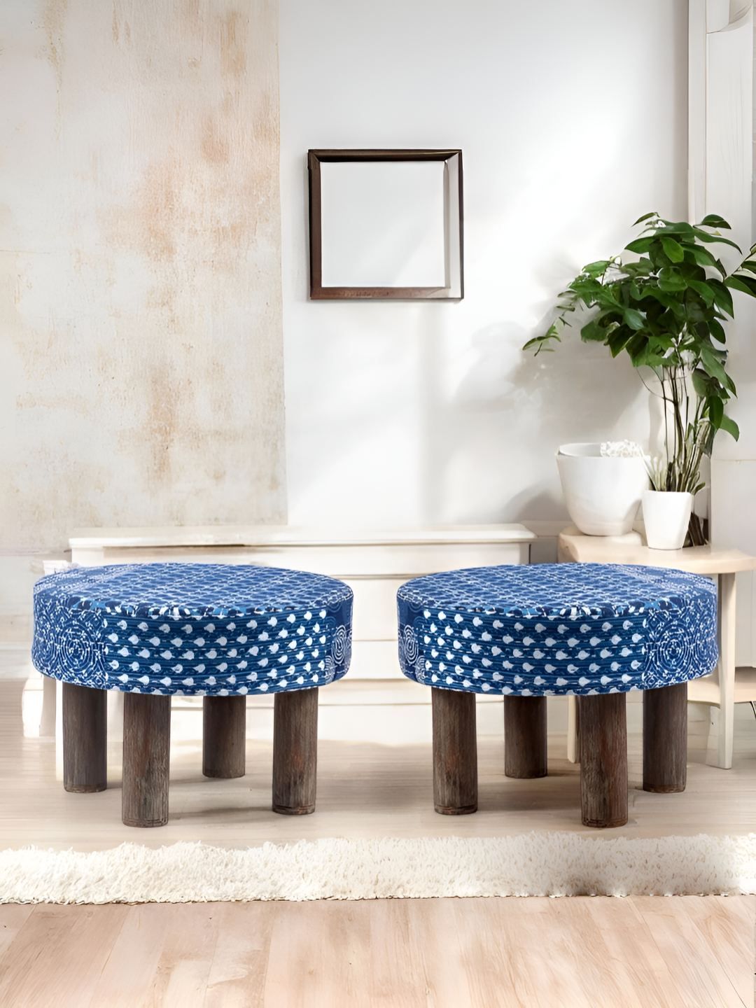 Ikiriya 2-Pcs Blue & Brown Wooden Round Foot Stools-picture-35