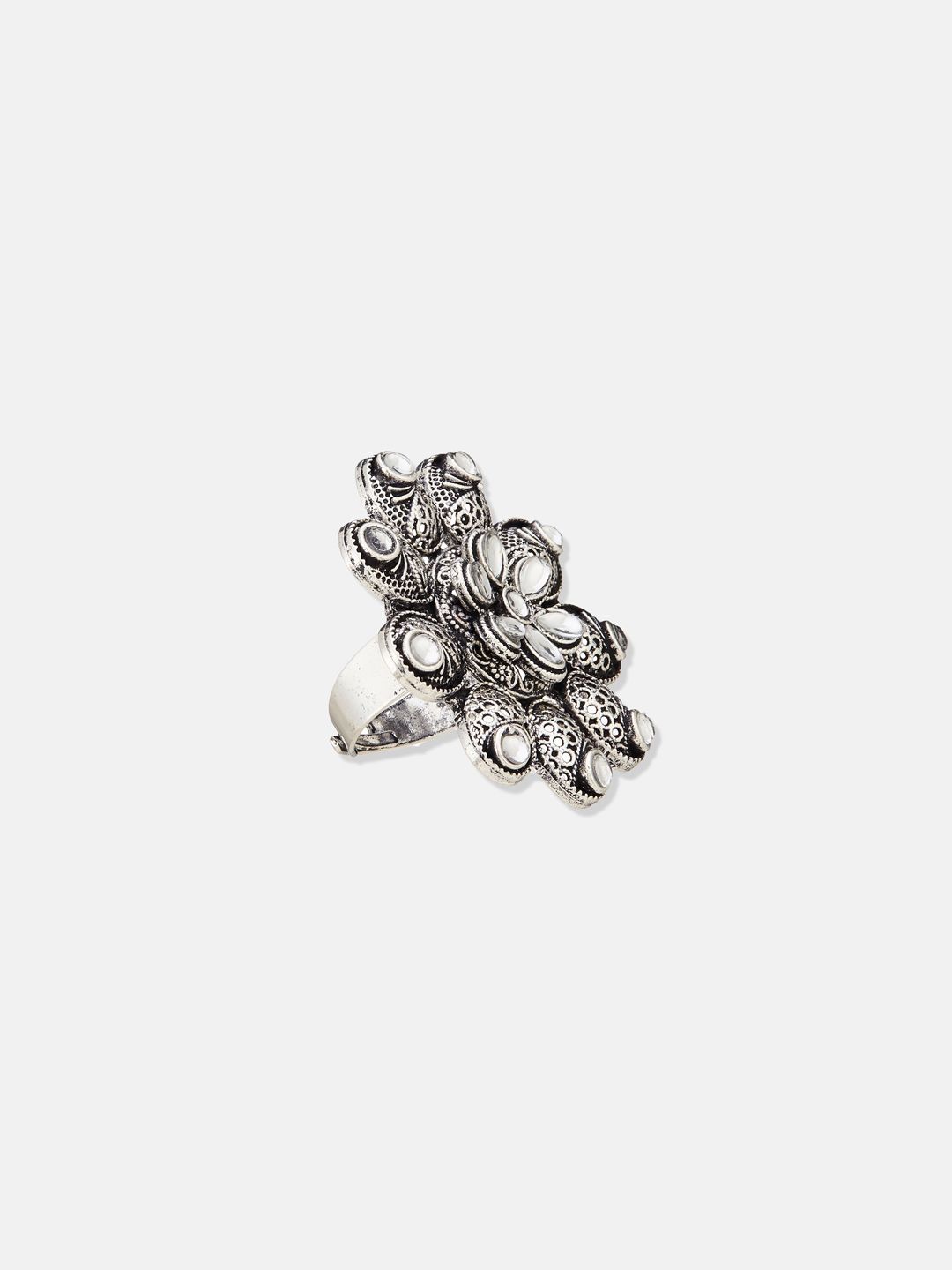ATIBELLE Set Of 3 Silver-Plated Stone-Studded Adjustable Finger Ring