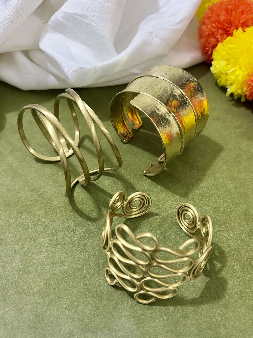 ATIBELLE Women 3 Brass Gold-Plated Cuff Bracelet