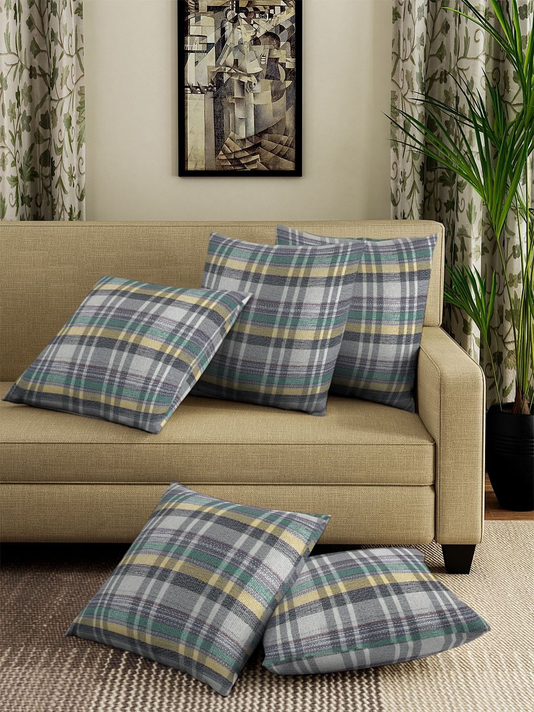 Aura Grey & Green 5 Pieces Checked Square Cushion Covers-image-49