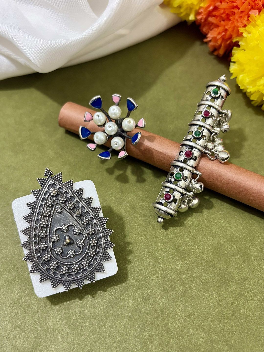 ATIBELLE Silver-Plated Stone-Studded Adjustable Finger Ring