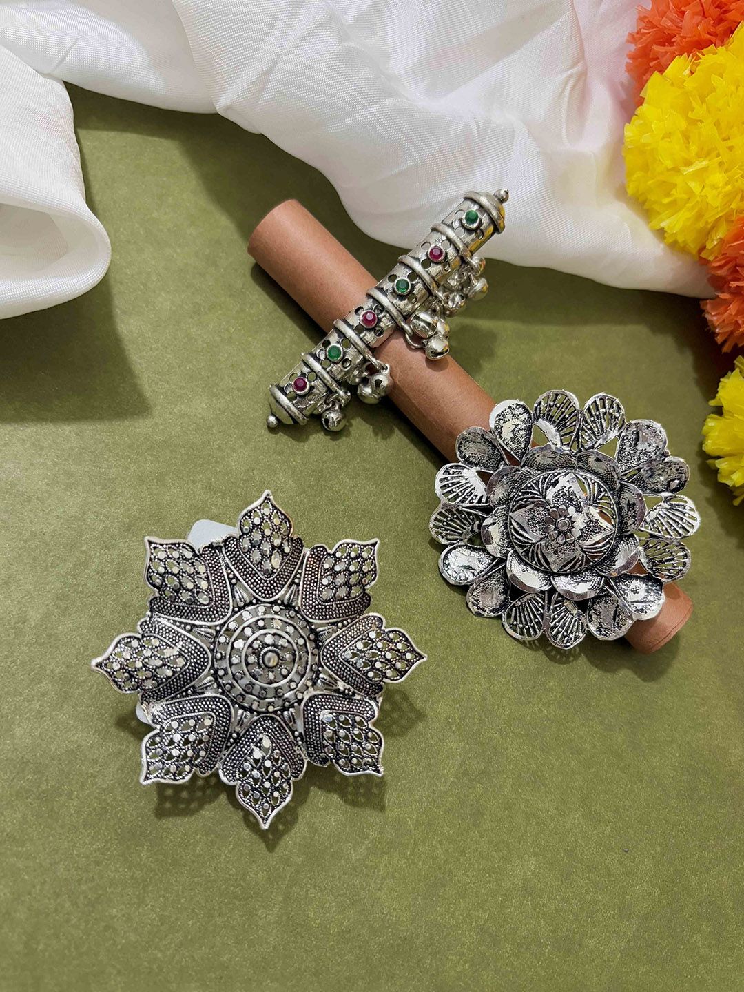 ATIBELLE Set of 3 German Silver Plated Stone studded Rings