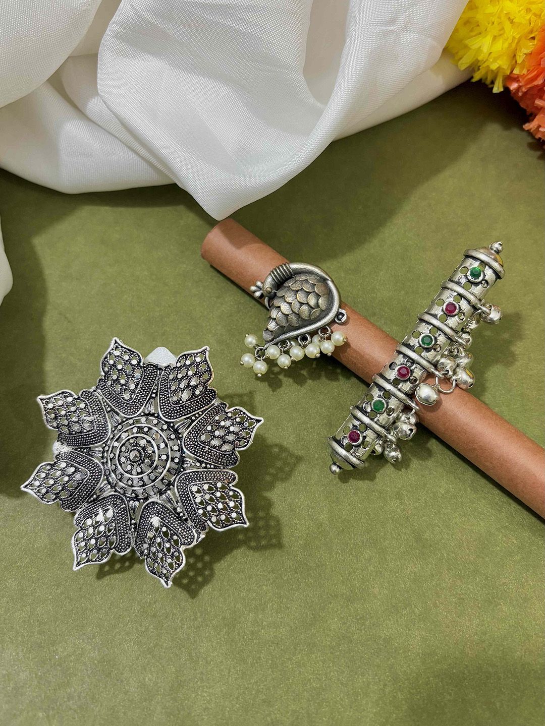 ATIBELLE Set Of 3 Silver-Plated Stone-Studded Adjustable Finger Ring
