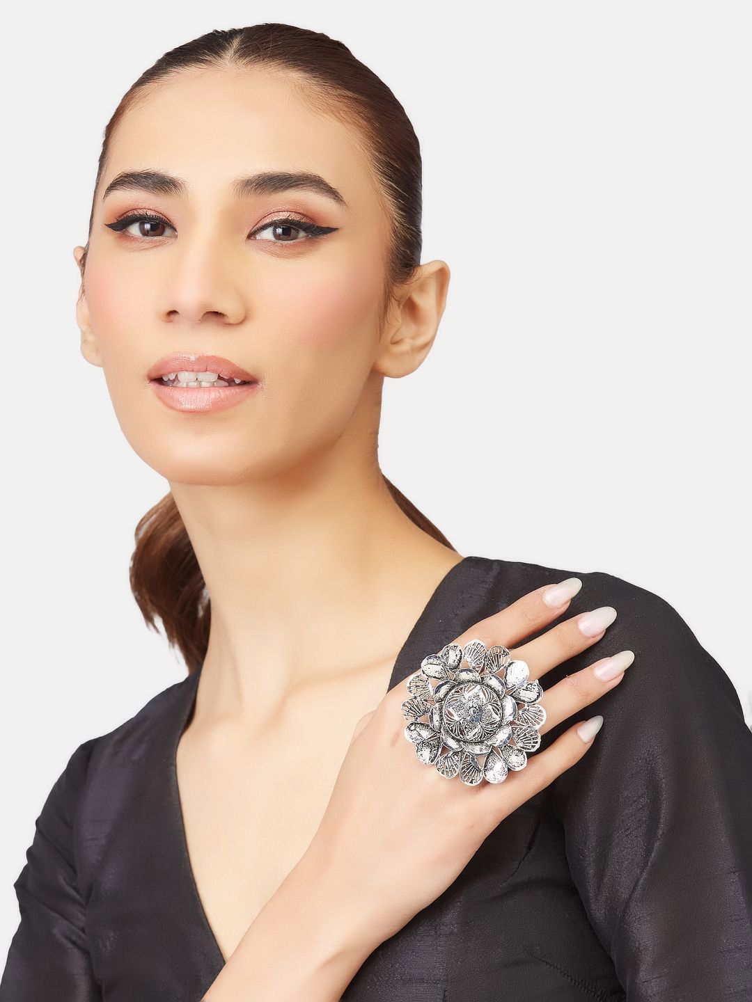 ATIBELLE Set Of 3 Silver-Plated Stone Studded Finger Rings