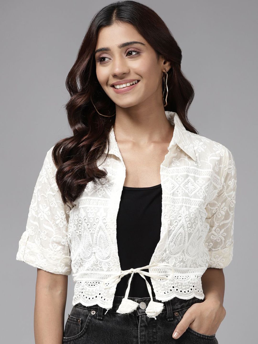 The Roadster Lifestyle Co Embroidered Cotton Crop Shrug-picture-15